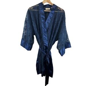 Vintage Victoria's Secret Navy Blue Short Floral Lace Robe Womens One Size